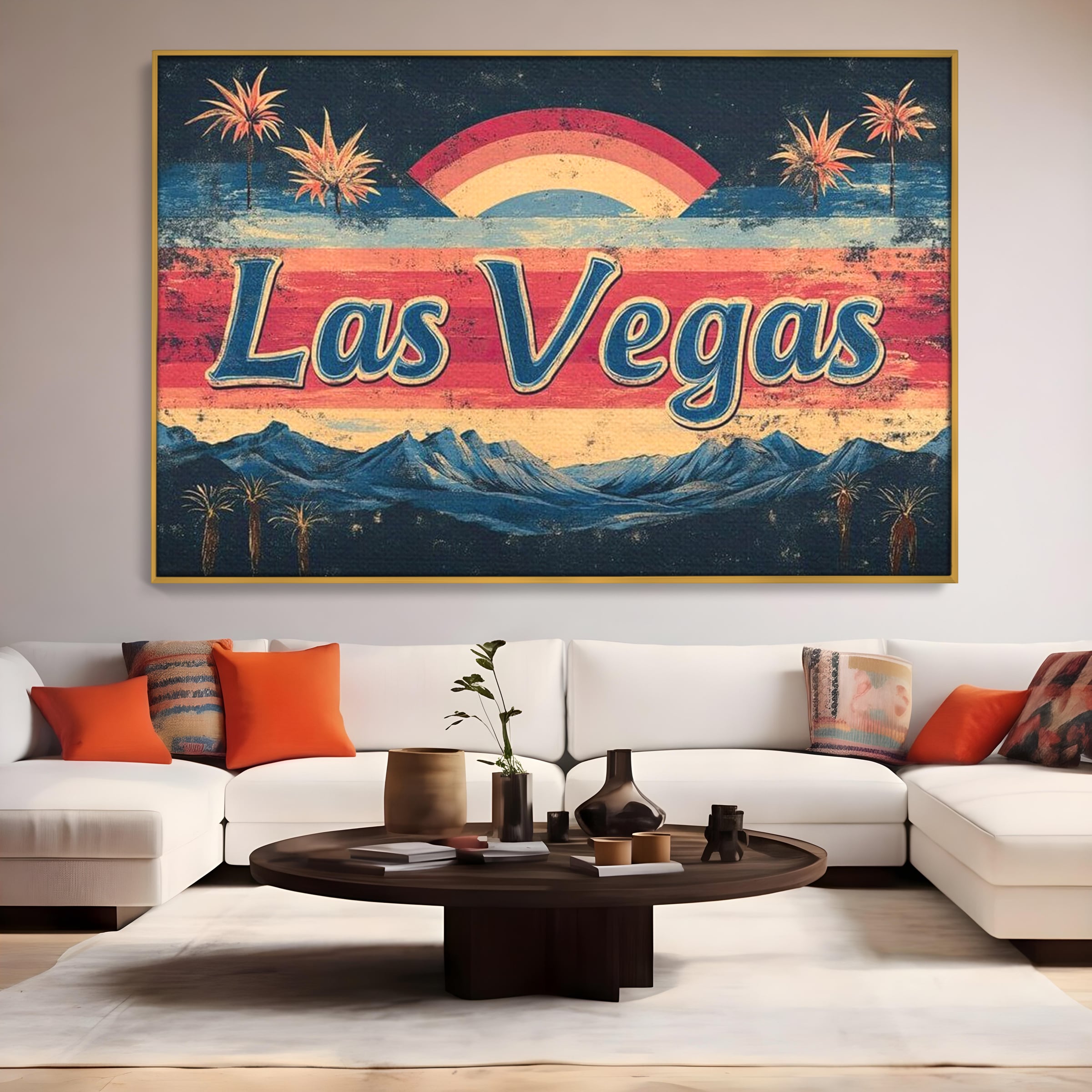 Tablou canvas cu ilustratie retro las vegas cu curcubeu si munti, in rama de aluminiu auriu, pe perete intr-un living